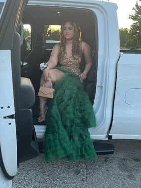 Gold Sequin Bodice with Emerald Green Ruffled Tulle Prom Gown